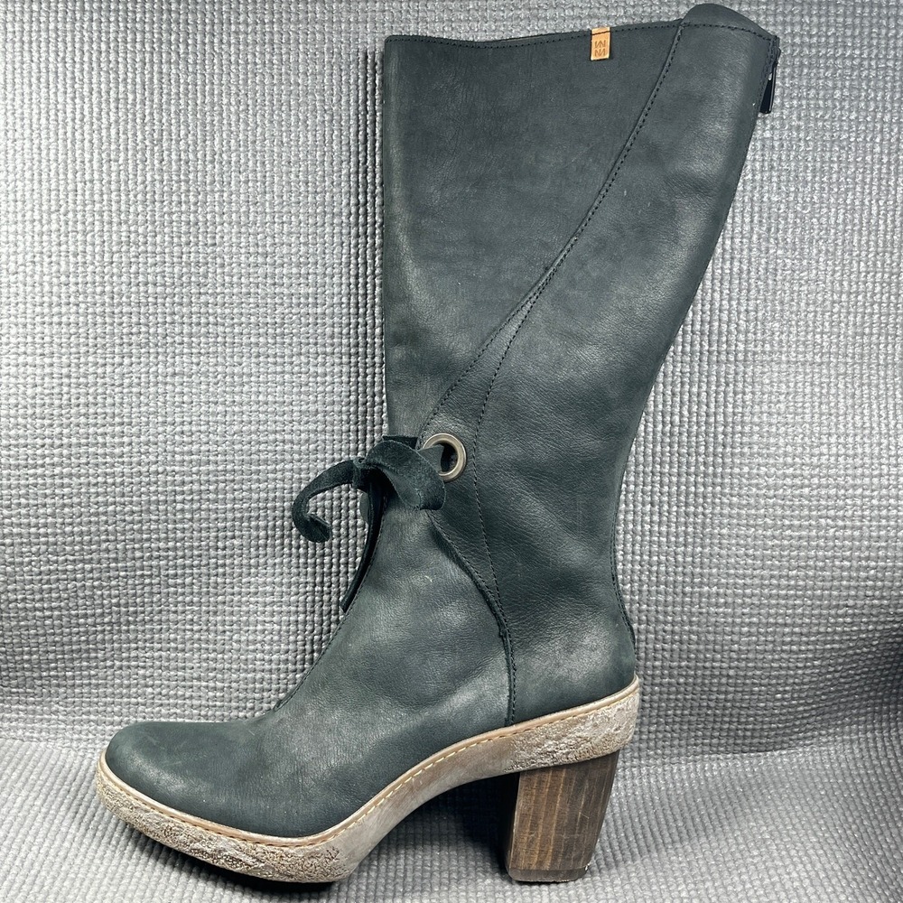 El‎ Naturalista Boots Womens Size 38 Black Leather Wood Stacked Heel Riding